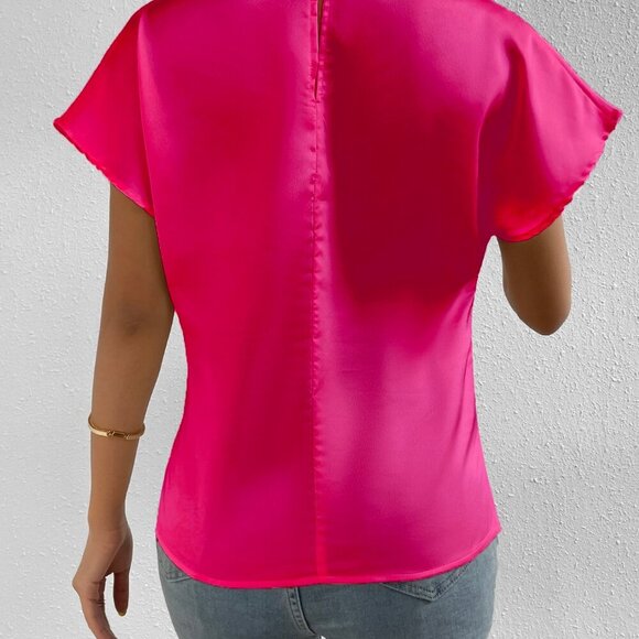 Hot Pink Party Women's  Mock Neck Batwing Sleeve Satin Blouse - Picture 2 of 6